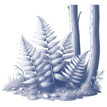 A cluster of ferns with intricate fronds growing in a forest. The ferns have finely detailed leaf structures, and the edges appear to have a luminous quality. Surrounding the ferns are tall trees with textured bark and sprawling branches. The forest floor is covered in a layer of fallen leaves and small rocks, adding depth to the scene. Various plants and underbrush can be seen interspersed among the ferns, creating a rich tapestry of natural elements.