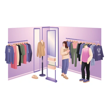A digital flat illustration depicting a virtual clothing store. The interior features multiple racks filled with colorful digital garments, including dresses, shirts, and pants. Each garment is displayed clearly, showcasing intricate patterns and textures. In the center of the store, there is a virtual fitting room with a large mirror and a sleek, minimalist aesthetic. The fitting room has an open design with bright lighting, allowing customers to see the garments from all angles. A few digital mannequins are positioned near the racks, demonstrating different clothing styles. The background includes soft gradients that enhance the virtual shopping experience.
