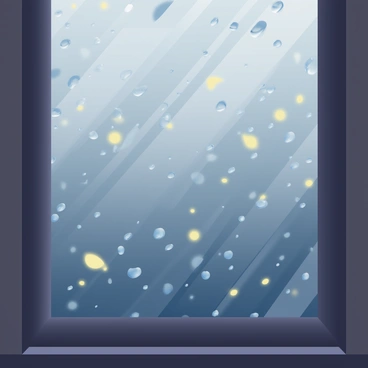 A close-up view of a window pane with numerous droplets of rain clinging to its surface. Behind the droplets, several glowing fireflies are visible, their soft lights creating a gentle illumination in the darkened scene outside. The sky is overcast with gray clouds, and the light from the fireflies contrasts beautifully against the muted tones of the rainy backdrop. The window frame is made of dark wood, adding texture to the overall composition. The atmosphere is tranquil, enhanced by the rhythmic pattern of falling raindrops against the glass.
