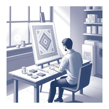 An artist is seated at a large, rectangular canvas placed on an easel in a well-lit workshop. The artist is using a pencil to draw intricate designs for a new rug, with detailed patterns and shapes emerging from the sketch. A variety of tools and materials are scattered across the table next to the canvas, including colored swatches and notes. The workshop has wooden floors and walls lined with shelves holding art supplies and fabric samples. Sunlight streams through a nearby window, illuminating the workspace and casting soft shadows.