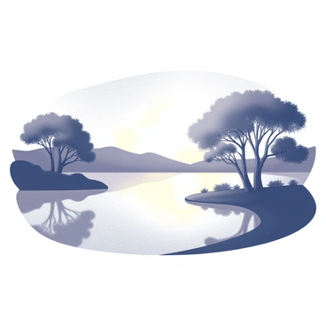 A calm lake at sunset. The surface of the water reflects the shapes of the surrounding trees and the silhouettes of distant hills. The trees have thick trunks and sprawling branches that create a natural frame around the lake. The sky has a gradient of light transitioning to dark as the sun sets behind the horizon. The landscape is peaceful, with still water and a few gentle ripples.