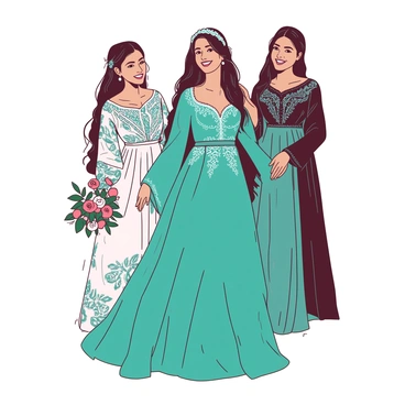 A teal bride is standing gracefully in the center, wearing a stunning embroidered kaftan adorned with intricate patterns and delicate embellishments. Her long hair cascades down her shoulders, complemented by an elegant headpiece. Surrounding her are three friends, each dressed in similar beautifully embroidered kaftans in various colors, creating a harmonious scene. The friends are smiling and posing together, with one holding a bouquet of flowers. The background features soft lighting that enhances the richness of the kaftans and the joyful atmosphere of the moment.