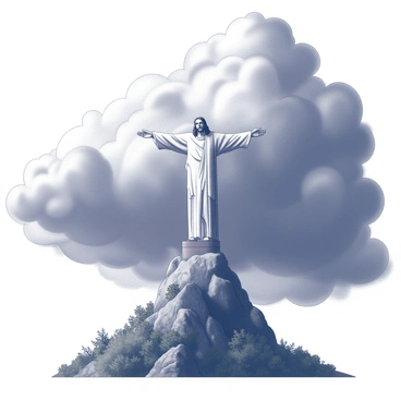 A large statue of "Christ the Redeemer" stands majestically on top of a mountain. The statue is depicted with arms outstretched, symbolizing peace and welcome. The background shows dense, dark "storm clouds" gathering ominously, creating a dramatic atmosphere. The clouds have swirling patterns, indicating the intensity of the approaching storm, and the surrounding landscape is visible beneath, with hints of lush greenery and rocky terrain. The entire scene conveys a sense of awe and grandeur.