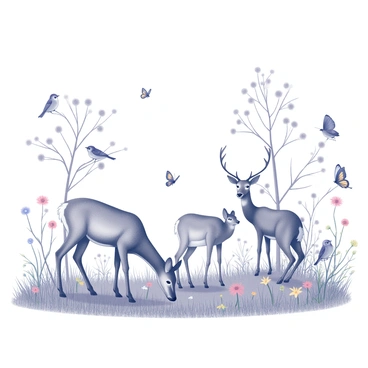 A meadow filled with various species of wildlife native to Georgia. A group of deer is grazing peacefully in the foreground, displaying their slender legs and gentle demeanor. Several birds are perched on the branches of nearby trees, exhibiting distinct features as they chirp and interact. Colorful butterflies flutter gracefully among the wildflowers, showcasing their delicate wings. The vegetation includes tall grasses and scattered blooms typical of the region, creating an inviting natural habitat. The scene captures the lively interaction among the animals and their environment.