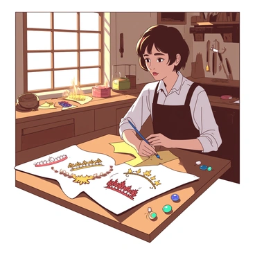 An artist with short brown hair is sitting at a wooden table in a sunlit workshop. The table is covered with various sketches of crown designs drawn on aged parchment. Each sketch displays intricate details of different crown styles. Surrounding the table, there are numerous sparkling jewels in various colors, glistening in the sunlight. The walls of the workshop are adorned with tools and unfinished creations, adding to the creative atmosphere. The warm light filters through a nearby window, casting soft shadows across the workspace.