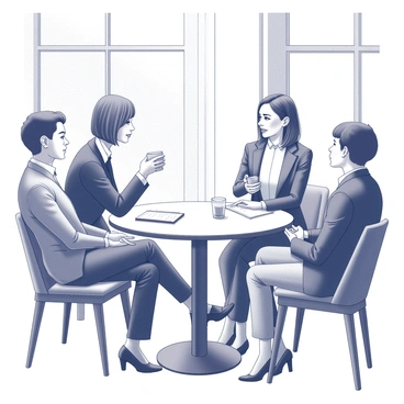 A young woman exuding confidence, seated at a small round table in a chic cafe. She is dressed in stylish, professional attire, with a tailored blazer and trendy accessories. In one hand, she holds a coffee cup, taking a sip while engaged in conversation. The table is adorned with a notebook and a pen. Surrounding her are a few individuals, listening attentively as she leads the casual meeting. The cafe features modern decor with a minimalist aesthetic, and sunlight streams through large windows, casting soft shadows on the scene.