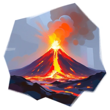 A volcano is erupting with bright red lava flowing down its sides, casting a vivid glow against the dark sky. The lava is splattering out from the crater at the top, sending molten rock and ash into the air. Surrounding the volcano, a rugged landscape of blackened rock and sparse vegetation is illuminated by the fiery light. Wisps of smoke and ash rise and billow upwards, creating a dramatic contrast with the night sky. The scene captures the raw power and intensity of the volcanic eruption.