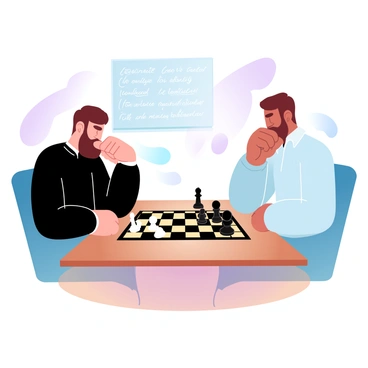 Two players are seated at a wooden chess table, focused on the chessboard set between them. One player, wearing a dark sweater, is leaning forward with a thoughtful expression, considering their next move. The second player, dressed in a light-colored button-up shirt, has a hand resting on their chin, deep in contemplation. Various chess pieces are positioned on the board, with a few captured pieces in a separate area. In the background, a chalkboard is visible, displaying notes and strategies related to chess tactics and lessons learned from previous competitions. A warm ambiance fills the scene, highlighting the intensity of the strategic duel.