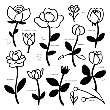 A collection of various rose plants with distinct shapes and sizes displayed in a garden setting. Each rose is labeled with its name in elegant script. The labels include descriptions such as "fragrant," "vibrant petals," and "thorny stems." The roses vary in bloom stages, from tightly closed buds to fully open blossoms. Surrounding foliage includes leaves of varying shapes and textures, enhancing the botanical composition.