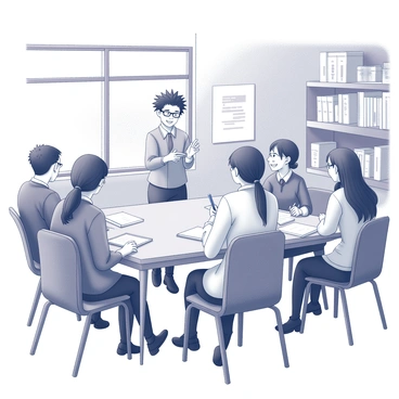 A group of six student council members are gathered around a large wooden table in a school room. Each member displays distinct features, such as varying hairstyles and clothing styles consistent with a school uniform. One member, with short spiky hair, stands at the head of the table, animatedly gesturing with a pen in hand. Another member, wearing glasses, is seated and diligently taking notes on a notepad. A third member, with long flowing hair, leans forward, actively contributing to the discussion. The room is filled with educational posters on the walls and bookshelves filled with textbooks and school supplies. A large window allows light to enter the room, illuminating the focused expressions on the students' faces as they engage in their meeting.