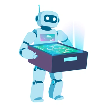 A friendly robot holding a black box with a holographic display projecting a map