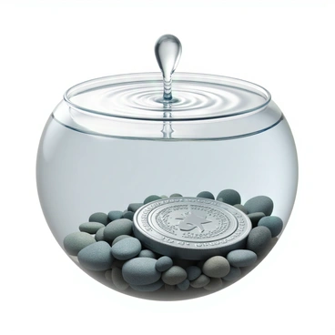 A close-up view of a shiny silver coin resting at the bottom of a clear fountain. The coin features intricate designs on its surface, reflecting light from the water above. Surrounding the coin, small pebbles and smooth stones are scattered along the fountain's base. The water is crystal clear, allowing for a detailed view of the coin and its surroundings. Soft ripples can be seen on the surface of the water, casting gentle patterns of light on the bottom.