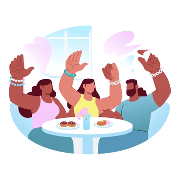 A group of three friends is sitting at a small round table in a café, surrounded by vibrant pastel-colored wall decorations. Each friend is holding a cup of coffee in one hand while raising their other hand to showcase colorful bracelets. The first friend has a stack of beaded bracelets with an array of colors, while the second friend displays a set of metallic bangles that catch the light. The third friend is wearing a woven bracelet adorned with charms. The table has a small vase with flowers and a plate with pastries in the center. Soft sunlight filters through a nearby window, creating a warm atmosphere.