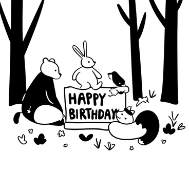 A bear, a rabbit, and a fox are gathered around a large, colorful birthday card placed on the ground. The bear sits on its haunches, curiously examining the card. The rabbit stands on its hind legs, peering closely at the card with its ears perked up. The fox is lying down beside them, its head tilted slightly as it looks at the card. Surrounding them are scattered leaves and small flowers, creating a natural setting in the forest. The trees tower in the background, their trunks and branches reaching upwards.