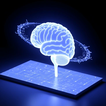 A holographic projection of a brain with digital patterns
