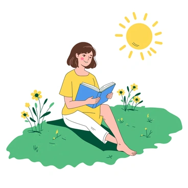 A person with short brown hair is sitting on a green hillside, basking in the sun. The sun is shining brightly, casting light over the scene. The person has a content smile and is holding a blue book open in their lap. Surrounding the individual are several wildflowers with yellow petals, dotting the hillside. The person is wearing casual light-colored clothing, and their legs are crossed comfortably.