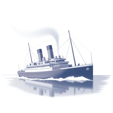 An elegant steamship gliding smoothly over the surface of the open sea. The ship features tall, billowing smokestacks that emit thick plumes of smoke into the air. The hull of the ship is intricately designed, showcasing ornate details and a polished finish. Waves gently lap against the sides of the vessel, reflecting its majestic silhouette. Sailors can be seen on deck, engaged in various activities, while the endless horizon stretches out in the background.