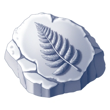 An ancient fossilized fern leaf embedded in a slab of rock. The leaf is intricately detailed, showcasing its delicate frond structure and veins, while the surrounding stone has a rugged texture with visible layers and mineral patterns. The fossil itself is slightly raised from the surface of the rock, highlighting its three-dimensional form. The composition emphasizes the contrast between the organic shape of the fern leaf and the hard, unyielding nature of the stone.