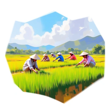 A panoramic view of lush green paddy fields in the Konkan region, stretching towards the horizon. Several farmers with varying skin tones are engaged in planting rice seedlings, wearing traditional attire and straw hats to shield themselves from the sun. The fields are vibrant and filled with rich, textured green plants swaying gently in the breeze. Above, a clear blue sky complements the scene, scattered with a few fluffy white clouds. In the distance, gentle hills provide a backdrop, enhancing the natural beauty of the landscape.
