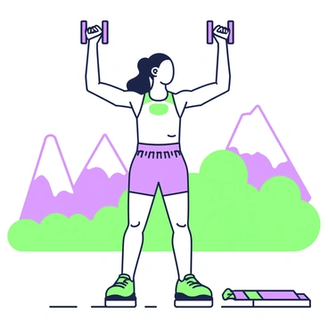 A person is performing shoulder presses in a standing position. They are wearing a fitted workout tank top and athletic shorts. Their arms are raised, holding a pair of weights above their head. The person's hair is pulled back into a ponytail, and they have a focused expression. In the background, a range of mountains can be seen, showcasing rocky peaks and greenery at the base. The sky above the mountains is clear, providing a stark contrast to the vibrant natural scenery. Fitness mats are arranged nearby on the ground.