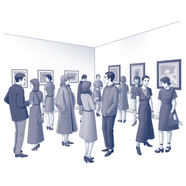 An art gallery space filled with attendees celebrating an exhibition opening. The interior features large white walls adorned with abstract artwork. Several guests are dressed in avant-garde fashion, showcasing unique silhouettes and striking patterns. Some wear oversized jackets and wide-legged trousers, while others sport asymmetrical dresses and dramatic accessories. Attendees display bold jewelry, including chunky necklaces and oversized earrings that catch the light. Small groups are engaged in conversation while others admire the artworks displayed around the gallery. The atmosphere is lively with the mingling of creative individuals.