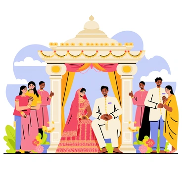 A traditional Hindu wedding ceremony taking place outdoors under a decorative "mandap" structure. The mandap is adorned with vibrant marigold garlands and intricate drapes in shades of red and gold. The bride, wearing a richly embroidered red and gold lehenga, is seated with her groom beside her, who is dressed in an elegant cream-colored sherwani. Surrounding them are colorful flower arrangements and several guests dressed in traditional attire, smiling and participating in the rituals. In the background, a clear blue sky complements the festive atmosphere.