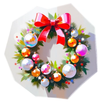 A festive wreath composed of a variety of Christmas balls in different sizes and colors. The wreath features shiny red, gold, green, and silver ornaments, some matte and others with glittering finishes, all carefully arranged to create a vibrant look. The balls are interspersed with delicate evergreen branches and a few sprigs of holly, adding texture and depth. The wreath is adorned with a large red satin bow at the top, completing its cheerful holiday appearance.
