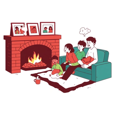 A red brick fireplace is crackling with warm flames, casting a soft glow in a cozy living room. A family of four is gathered in front of the fireplace, sitting on a plush white rug. The parents are seated on a comfortable teal couch, while the children, a boy and a girl, are sitting cross-legged on the rug. The boy is animatedly sharing a story, and the girl is listening intently, her eyes wide with excitement. Various family photos in white frames are displayed on the mantel above the fireplace. A steaming mug of hot chocolate is resting on a small white table beside the couch, adding to the warm atmosphere.