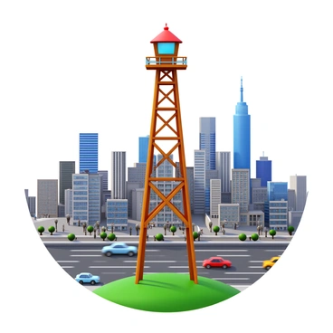 A tall firewatch tower made of wood and metal, standing prominently on a hill. The tower features a small observation deck at the top with a railing. Below, a bustling cityscape is visible, filled with various buildings, skyscrapers, and busy streets. Cars are moving along the roads, and people can be seen walking in the city. The sky is clear, allowing sunlight to illuminate both the tower and the city below.