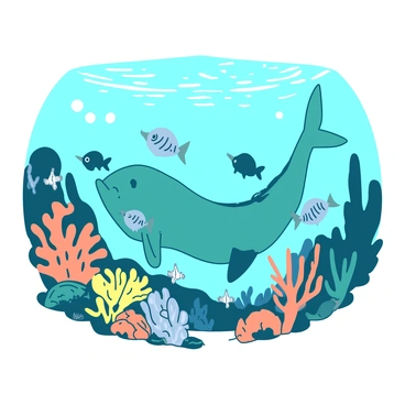 A teal Jormungandr is swimming gracefully amidst a diverse array of colorful fish. The water is clear, allowing sunlight to penetrate and illuminate the surroundings. Various coral formations in shades of orange and yellow are present, creating a lively underwater landscape. The fish are darting playfully around the Jormungandr, adding movement to the scene.