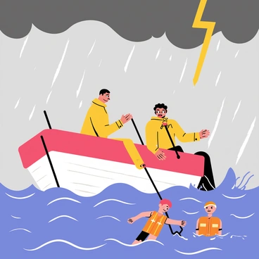 A lifeboat crew frantically working to rescue sailors from a storm-tossed sea