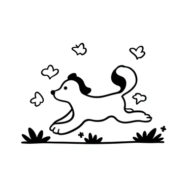 A dog running joyfully through an open field, chasing butterflies