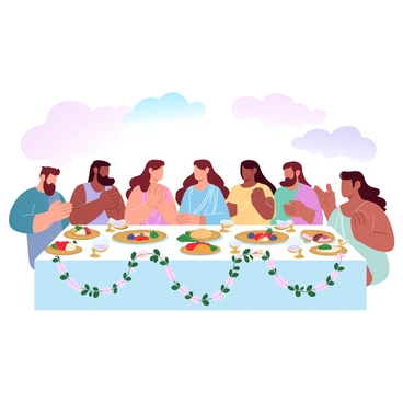 Hera, adorned in an elegant flowing gown, is seated at the head of a long banquet table. The table is beautifully set with intricate golden tableware and overflowing platters of various delicious foods and vibrant fruits. Around the table, several other gods are gathered, each dressed in their own unique and colorful robes, engaged in lively conversation. Ornate decorations, including garlands of flowers and shimmering candles, are placed along the center of the table. A backdrop of a celestial sky with soft, gradient pastel colors enhances the divine atmosphere of the feast.