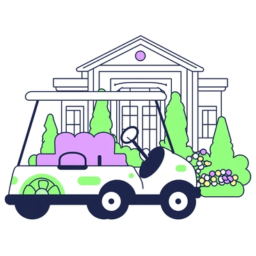 A luxurious golf cart with plush seating and golden trims is parked in front of a grand club house. The golf cart features elegant design elements such as smooth curves and a glossy finish. It has four seats, each upholstered with soft material for maximum comfort. The club house, towering in the background, has large windows and an ornate entrance, displaying architectural details. Flanking the entrance are neatly manicured hedges and vibrant flower beds.