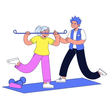 An elderly person performing face pull exercises with a resistance band. The individual has gray hair and is wearing a comfortable athletic outfit with bright colors. They are positioned in a gym setting, with a supportive trainer assisting them from behind. The trainer is encouraging and providing guidance on form. The elderly person shows concentration and determination while maintaining a straight posture. Nearby, there are fitness mats and weights, emphasizing a health-focused environment.