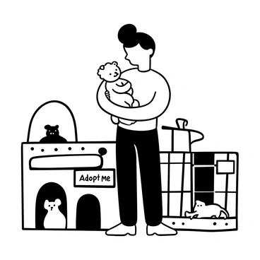 A volunteer at an animal shelter holding a rescued puppy with the body of the puppy slightly curled towards the volunteer. The volunteer is wearing a simple t-shirt and jeans, looking down lovingly at the puppy. The puppy is small with fluffy fur, wagging its tail, and positioned comfortably in the volunteer's arms. Around them, there are various small animal cages providing a glimpse of other rescued animals in the background. A sign with "Adopt Me" is visible on one of the cages nearby.