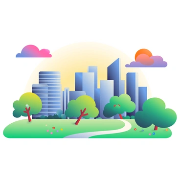 A vibrant landscape features a city skyline adorned with modern buildings in various shades of blue and gray. Digital clouds in bright, whimsical colors such as pink, purple, and orange float gently above the city, casting soft shadows on the structures below. The foreground showcases a green park with lush trees and colorful flowers, adding a pop of color to the scene. A winding path leads through the park, inviting visitors to stroll and enjoy the view. In the background, the horizon is painted with a gradient of warm hues, blending seamlessly into the vibrant clouds overhead.