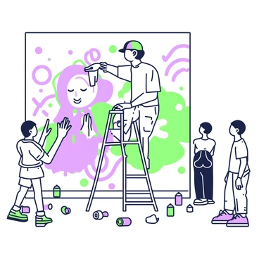 A street artist is working on a large wall mural. The artist has short hair and is wearing a cap, a loose-fitting t-shirt, and faded jeans. They are standing on a ladder, using a spray can to add vibrant colors to the mural. The mural depicts a person with a serene expression, performing a "namaste" gesture with their hands pressed together in front of their chest. Around the figure, there are abstract shapes and flowing lines that enhance the composition. The scene includes various spray paint cans scattered on the ground, and a few onlookers watching intently from a distance, observing the creative process.