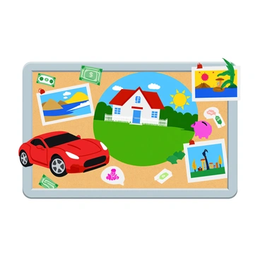 A vision board filled with vibrant images that represent various financial goals. In the center, there is a large, colorful image of a luxurious house with a well-manicured lawn and a white picket fence. To one side, there is a shiny red sports car, sleek and polished, with sunlight reflecting off its surface. On the opposite side, there is an inspiring image of a tropical beach, showcasing clear blue waters and palm trees, evoking the desire for travel. Surrounding these central images are smaller pictures of money, a piggy bank, and a graph showing rising profits, all contributing to the theme of financial success. Each image is pinned onto a corkboard background, creating a cohesive and motivational display.