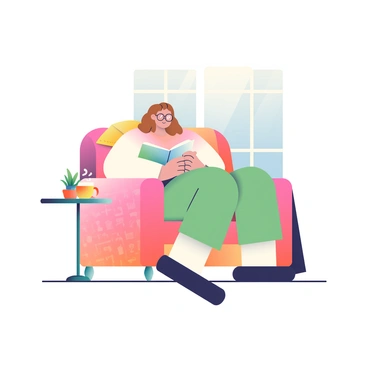 A person with light brown hair is sitting in their favorite cozy chair, deeply engrossed in reading a book. The chair is upholstered in a warm, textured fabric with a subtle pattern, and it is positioned near a large window that lets soft natural light in. The person is wearing a soft, oversized sweater in pastel colors, and they have reading glasses perched on their nose. A small, round side table next to the chair holds a steaming cup of tea and a small potted plant. The atmosphere is inviting and comfortable, with a warm blanket draped over one arm of the chair.