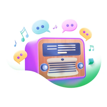 An old-fashioned radio with a wooden exterior sits in the center of the image. Surrounding the radio are vibrant musical notes in various colors, including blue, yellow, and pink. Additionally, there are illustrated speech bubbles with small faces, symbolizing voices, swirling around the radio. The background is softly colored to emphasize the radio and the surrounding elements.