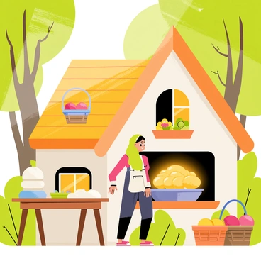 A fairy tale character baking magical buns in a forest cottage
