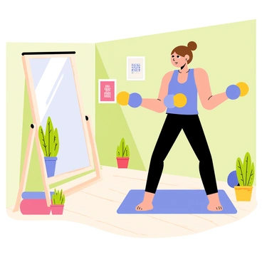 A cozy home gym featuring a person with brown hair, wearing a bright blue tank top and black leggings, performing dumbbell curls. The individual is focusing intently, with a dumbbell in each hand. A large mirror is positioned in front of them, reflecting their image. The walls are painted a soft green, and there are motivational posters hanging on the walls. A light wooden floor adds warmth to the space, while a few potted plants are placed in the corners, enhancing the cozy atmosphere. A small shelf with workout equipment such as resistance bands and a yoga mat is visible in the background.