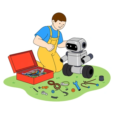 A young cartoon boy with light skin, wearing a bright blue shirt and yellow overalls, is focused on building a small robot. He has short brown hair and is kneeling on a grassy surface. In front of him, a variety of colorful wires are spread out, along with a red toolbox that is open, revealing various tools like a wrench and screwdrivers. The robot is partially assembled, featuring a shiny silver body and big expressive eyes, with some parts still needing to be attached. The scene conveys a sense of excitement and creativity.