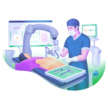 A modern pastel illustration featuring a surgeon in scrubs and a surgical mask, focused intently on a patient lying on an operating table. The surgeon is using a sleek robotic arm equipped with precision instruments, carefully maneuvering it over the patient. The operating room is well-lit, with surgical monitors displaying vital signs and diagrams in the background. Various surgical tools are neatly arranged on a tray next to the patient. The overall atmosphere conveys a sense of advanced medical technology and professionalism.