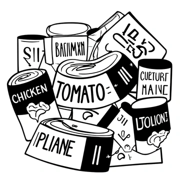 A series of soup can labels arranged in a collage format, with each label featuring distinct designs and typography. The labels overlap slightly, creating a layered effect, with some labels oriented at angles. Each can label displays a unique flavor, such as "Tomato," "Chicken Noodle," and "Minestrone." The design includes different font styles and decorative elements characteristic of vintage and modern soup can packaging. The overall composition emphasizes the variety and creativity found in soup can labels, creating a visually engaging display.