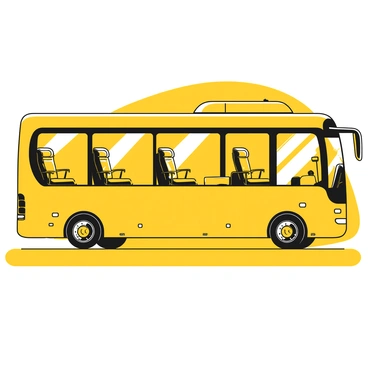A black and yellow illustration of a large executive bus parked on a city street. The bus has sleek lines and large windows. Inside, the luxurious seating is visible through the windows, featuring plush, comfortable seats arranged in a spacious layout. The seats are upholstered with high-quality fabric and include armrests. There are soft overhead lights illuminating the interior, and a small table is visible between the seats. On the exterior, the bus has a polished finish with subtle branding emblem on the side.