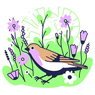 A sparrow is hopping between various flowers in a garden. The sparrow has detailed feathers with hints of brown and gray. The flowers are diverse in shape and size, with some being tall and upright while others are low and spreading. Among the flowers, there are vibrant blooms in various shapes, such as daisy-like flowers and tubular blossoms. The garden is lush with greenery, including leaves that provide a rich background. Sunlight filters through the leaves, creating a bright atmosphere.