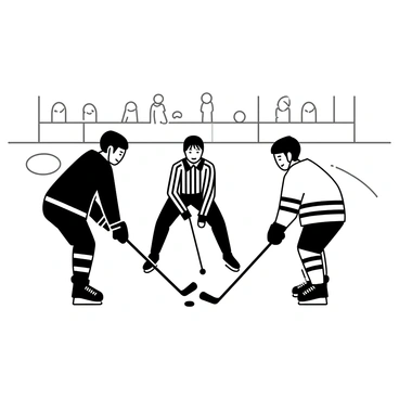 Players preparing for a face-off, with a referee dropping the puck in the center.