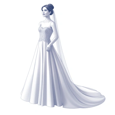 A bride standing elegantly, wearing a grand ballgown dress that features a voluminous skirt and intricate lace detailing. The dress has a fitted bodice adorned with delicate beadwork. The gown extends into a magnificent cathedral-length train that cascades gracefully behind her, creating a sweeping effect on the floor. The bride's hair is styled in an elegant updo, and she wears a long veil that complements her outfit, adding to the overall grandeur of her appearance.